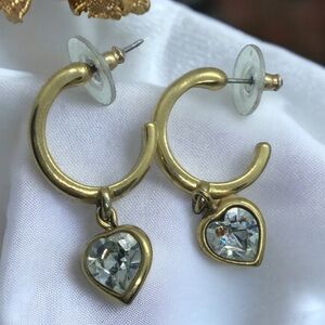 Vintage CZ Rhinestone Gold Tone Heart Hoop Earrings